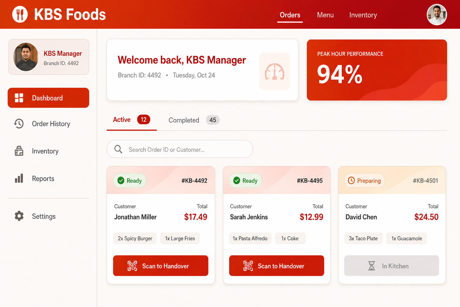 KBS Foods Staff Dashboard - Shows active orders with status, QR code scanning for handover, and real-time order management